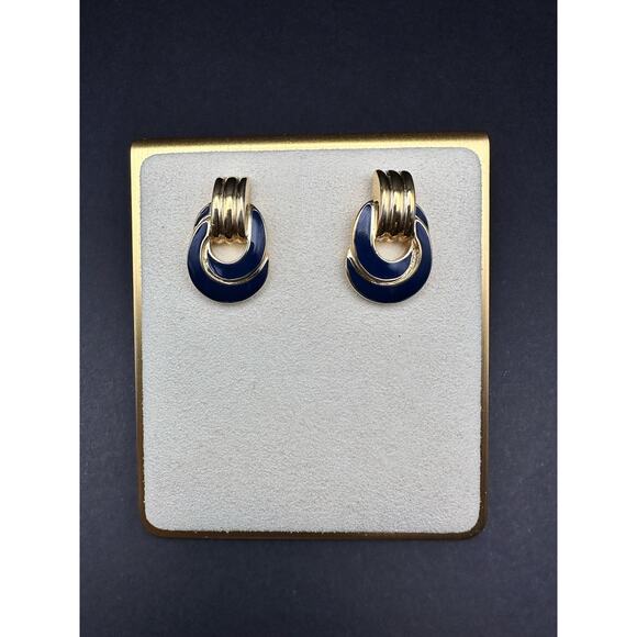 VINTAGE TRIFARI EARRINGS ENAMEL LOOP AQUA BLUE POST BACKING GOLD TONE - MARKED - Picture 1 of 3